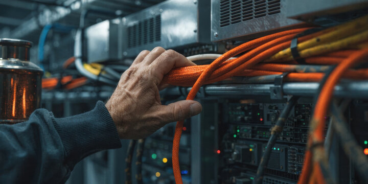 Hand holding orange cable in server rack with ai energy crunch vibe