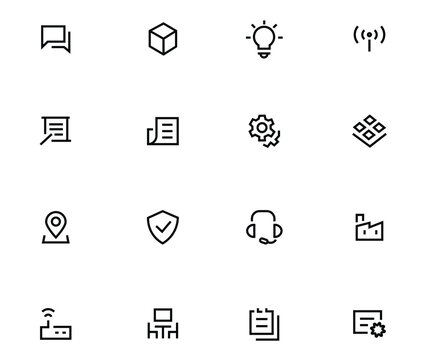 Corporate Business and Technology Line Icon Set including Lightbulb Idea, Secure Shield, Support Headset, Factory, WiFi Router, Settings Cog, and Document Certificate with Editable Stroke