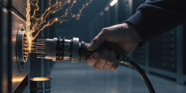 Ai energy crunch sparks from cable plug into server rack creating dramatic industrial power