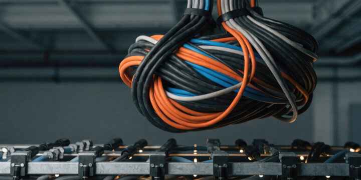 Ai energy crunch industrial cable bundle above server rack creating dynamic technical atmosphere