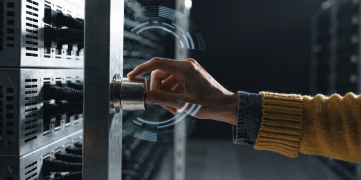 Ai energy crunch data center server rack hand turning dial access control secure technology