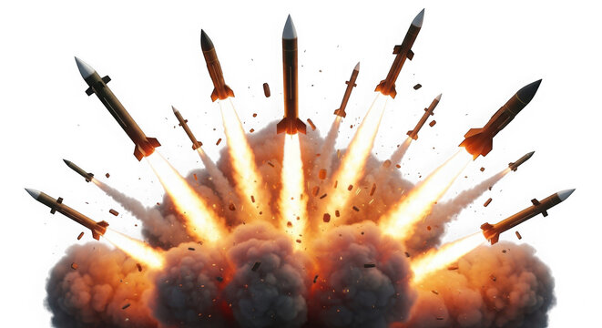 Multiple missiles launching with explosion effect isolated on transparent background