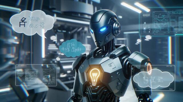 A futuristic humanoid robot with glowing eyes and chest light, surrounded by floating equations, symbolizing artificial intelligence, advanced computation, and the fusion of science with technology.