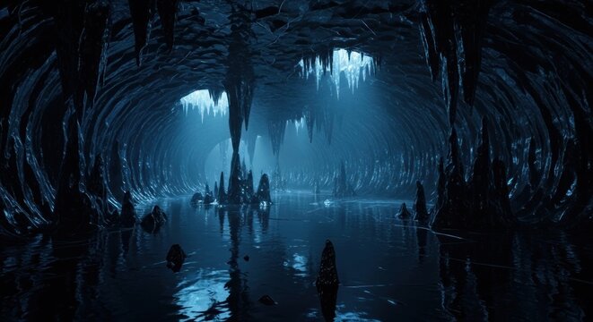 Mysterious Dark Cave with Reflections and Shadows.