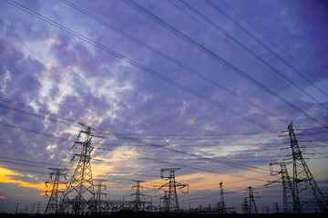 Pylon, high-voltage tower sky background.