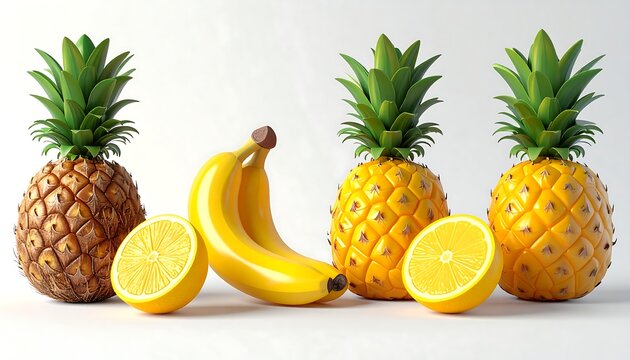 Still-life featuring tropical fruits, including pineapples, bananas, and sliced lemons, all set against a white backdrop