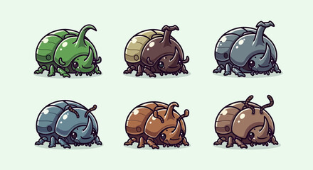 Six cute chubby rhinoceros beetle illustrations in green brown and gray © Shalahuddin