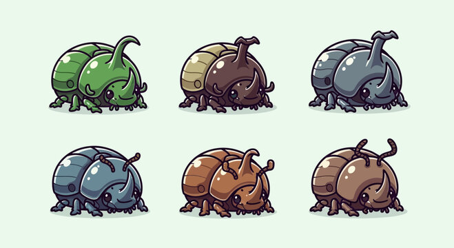 Six cute chubby rhinoceros beetle illustrations in green brown and gray