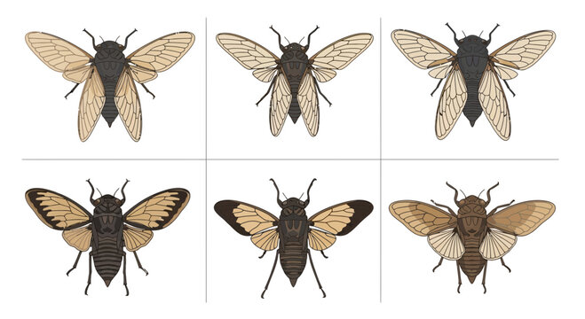 Six distinct illustrations of cicadas arranged in two rows of three