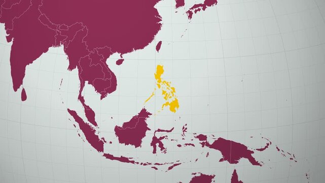 Philippines map. Animated zoom into the country on the Globe in Pale Mint Dark Pink color palette. Country logo animation with round text and airplanes. Map with meridians, parallels. Alive video.