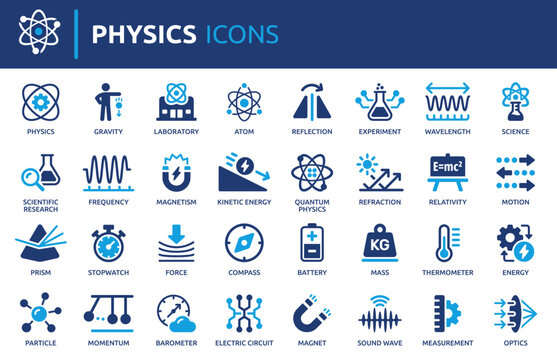 Physics icon set, containing atom, science, laboratory, magnet, experiment and more. Solid vector icons collection.