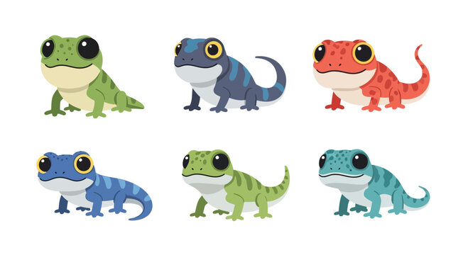 Six cartoon geckos in various bright colors arranged in two rows