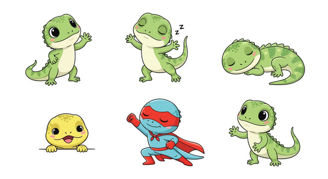 Six cartoon illustrations of cute green and yellow lizards in various poses