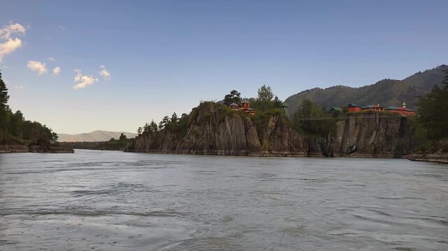 A motorboat ride along mountain river. Altai river Katun near Patmos island in Chemal.