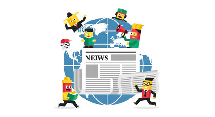 Obraz premium Global news and information sharing, a world of news and updates presented through a newspaper and diverse characters interacting