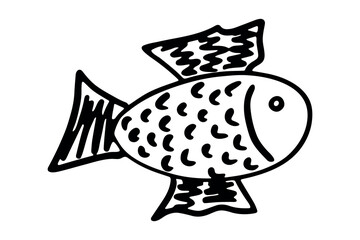 Hand drawn happy funny cute fish Adorable friendly kawaii tropical fish Underwater world sea life ocean Fishing seafood For design, kids print, kids books, nursery decor, coloring pages, logo