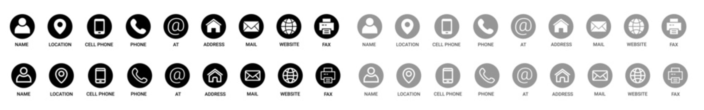 Contact information icons for business card featuring name, location, cell phone, phone, email, address, website, and fax in vector format with a transparent background.