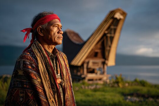 Traditional Batak man with ulos and headband in misty mountain village near Lake Toba