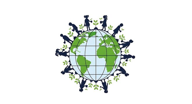 Diverse children from around the globe standing together in a circle around a green planet Earth, symbolizing unity and environmental awareness