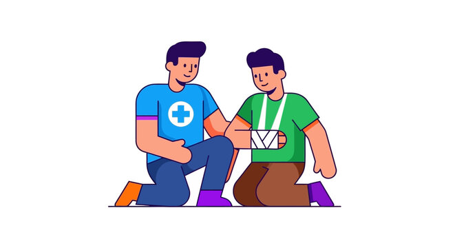 Emergency first aid intervention a caring individual helps an injured person with a bandaged arm, illustrating crucial immediate medical assistance and support