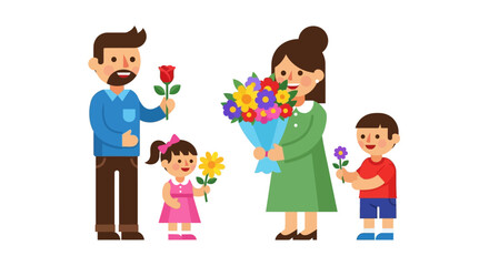 Fototapeta premium Heartfelt Family Celebration Children and Father Presenting Beautiful Flower Bouquets to Loving Mother, Vector Art