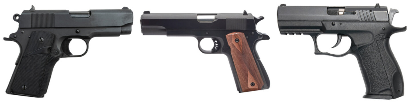 Collection of modern semi-automatic handguns, including a classic 1911 style, depicted on a transparent background.