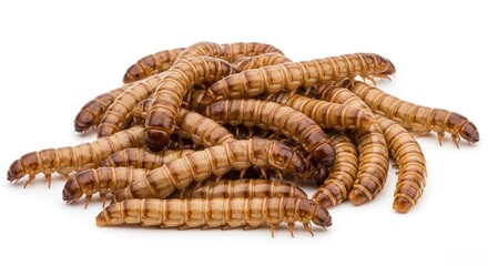 Obraz premium A vibrant pile of live mealworms, showcasing their segmented bodies and rich brown color, often utilized as a high-protein feed for pets and effective fishing bait, isolated on white