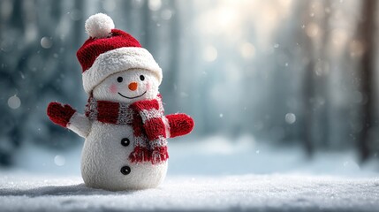 Obraz premium Cute plush snowman wearing a red scarf and hat in winter scene