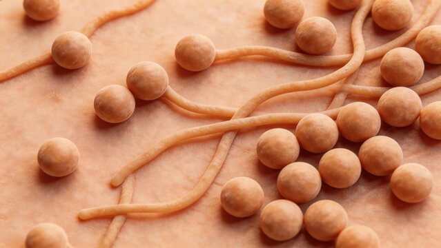 Colorized SEM of Malassezia furfur, spaghetti and meatballs pattern of short hyphae and spherical yeast cells
