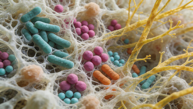 Images of complex microbial biofilms reveal a rich array of bacteria (bacilli, cocci) and fungi embedded in a dense extracellular matrix, displaying vibrant colors and creating a textured ecosystem.