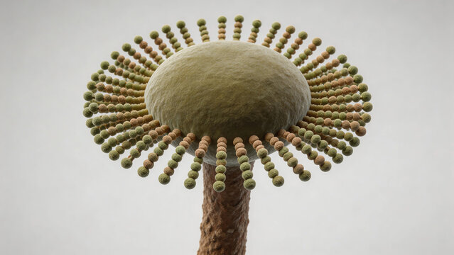 Colorized SEM of Aspergillus fumigatus, conidiophore structure with vesicle and conidia chains radiating