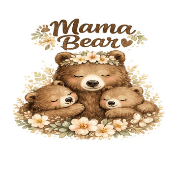 mama bear and her cubs illustration, adorable mother bear with baby cubs design, heartwarming wildlife family scene, soft warm brown cream and honey palette, loving mama bear cuddling her playful cubs