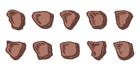 Fototapeta premium Hand drawn rocks and stones Rock fragments, boulders, building material Coastal pebbles, gravel, minerals, cobblestones, geological formations For game environment, landscape illustration, design