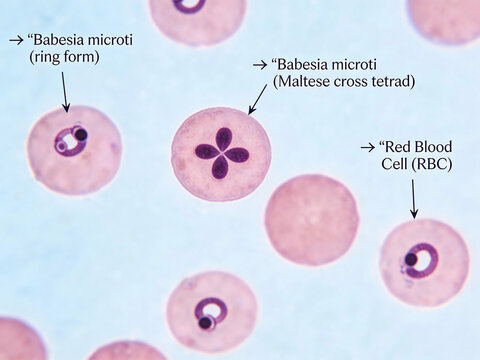 Micrograph of Babesia microti, close-up of red blood cells with ring-like parasites, one cell with Maltese cross tetrad