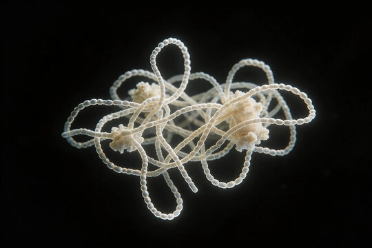 Micrograph of Streptobacillus moniliformis, long thin filamentous bacteria forming tangled chains and fluffy bread-crumb colonies