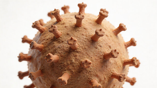 3D render of Lassa virus, sandy appearance from ribosomes, glycoprotein spikes on surface