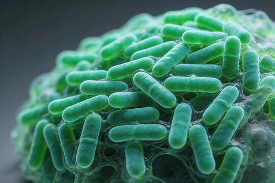 Micrograph of Pseudomonas aeruginosa bacteria, rod-shaped bacteria forming biofilm with extracellular matrix focus, characteristic green color