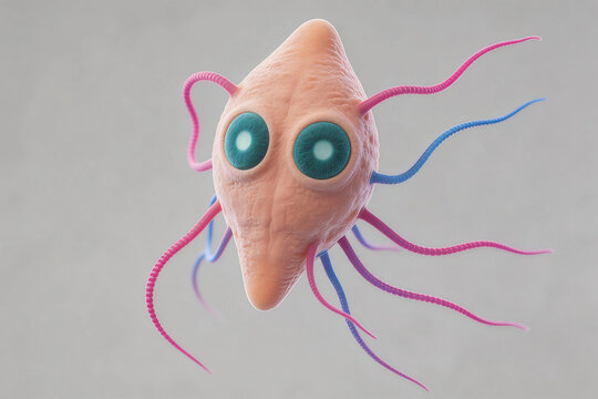 Colorized SEM of the Giardia lamblia parasite, teardrop shape, multiple flagella, two nuclei (face-like appearance)