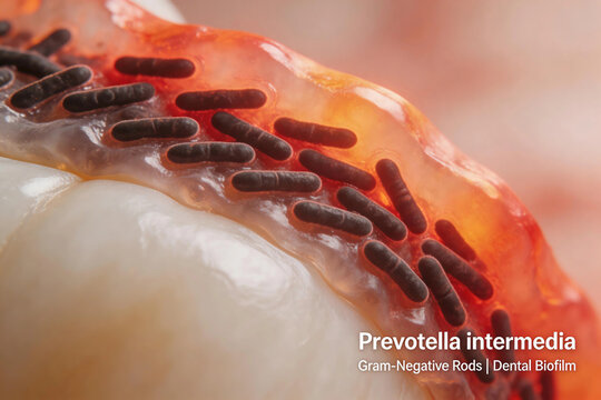 Micrograph of Prevotella intermedia, gram-negative rods in biofilm on stylized tooth surface, inflammatory reds and oranges