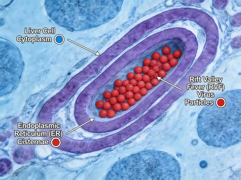 Rift Valley fever virus particles accumulate in the endoplasmic reticulum pool of hepatocytes, primarily causing cytopathic effects.