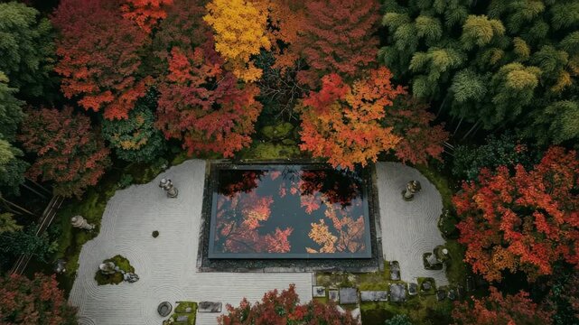 Slow Aerial View of Zen Pool Surrounded by Crimson Autumn Japanese Maple Forest in Kyoto Japan