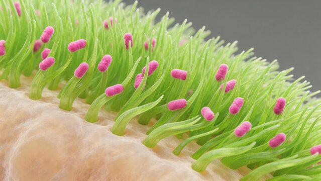 Colorized SEM of Bordetella pertussis bacteria, small coccobacilli attached to respiratory epithelial cell cilia, cilia vibrant green, bacteria contrasting pink