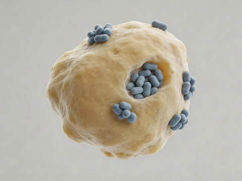 Colorized SEM of Brucella bacteria, small non-motile coccobacilli in clusters, some inside macrophage, muted blues for bacteria and yellows for cell