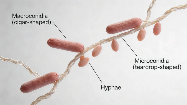 Colorized SEM of Trichophyton rubrum, cigar-shaped macroconidia and teardrop-shaped microconidia along hyphae