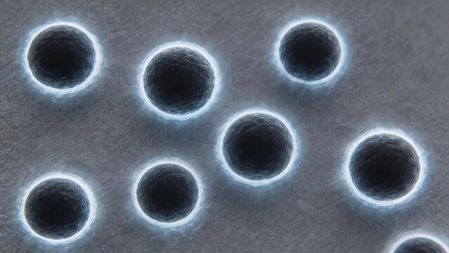 Colorized SEM of Cryptococcus neoformans, spherical yeast cells with prominent polysaccharide capsule rendered as glowing halo