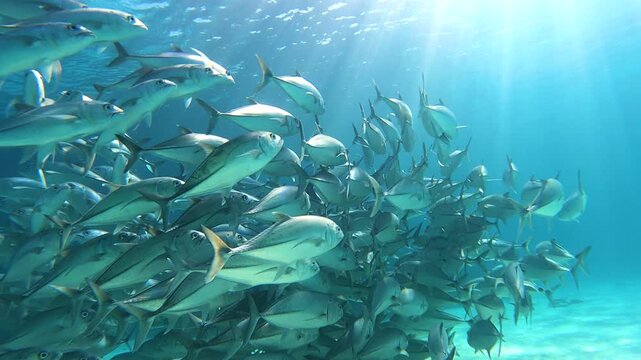 Slow motion school of bigeye trevally swimming in crystal clear water with sunlight filtering through the ocean, Lady Elliot Island, Australia.