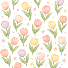 Obraz premium pastel tulip pattern on transparent background, delicate tulip floral pattern illustration, soft pastel pink peach lavender mint and baby blue palette, blooming tulip flowers with slender green stems,