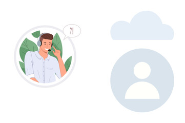 Fototapeta premium Customer service, cloud computing, user communication, online platforms, support systems, digital interaction. A man with a headset speaking cloud icon and user symbol. Customer service and cloud