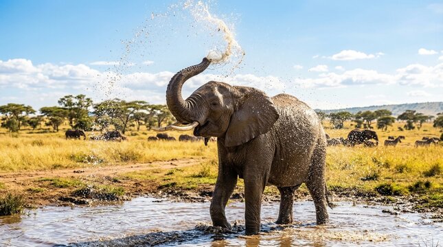 Majestic African elephant spraying water with its trunk in a sunny savanna landscape, showcasing wildlife and nature in a vibrant outdoor setting.