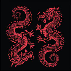 Fototapeta premium Red Chinese Dragons on Black Background - Mythical Creatures.